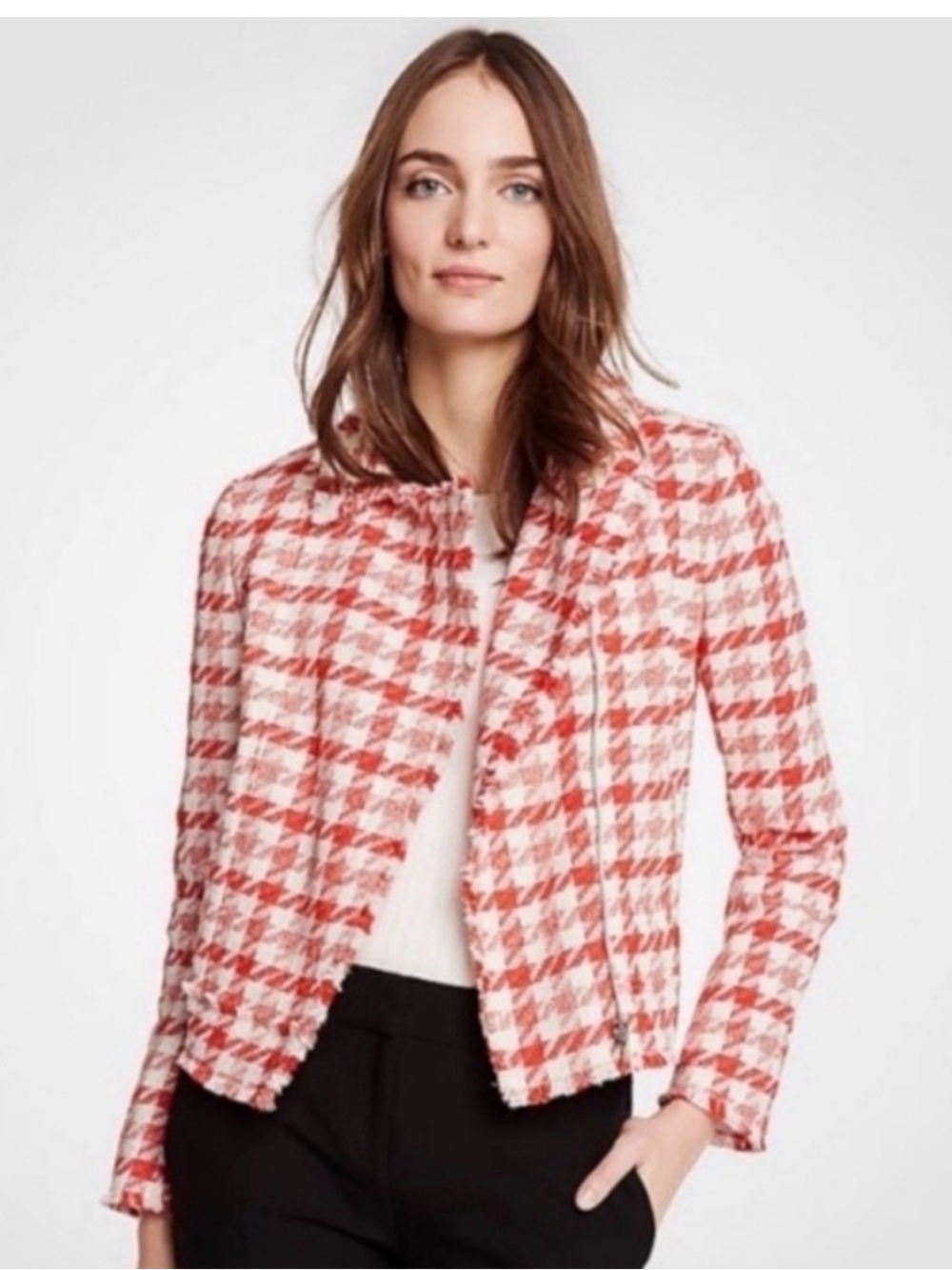 Ann Taylor Fringe Houndstooth Tweed Moto Jacket Blazer Size L